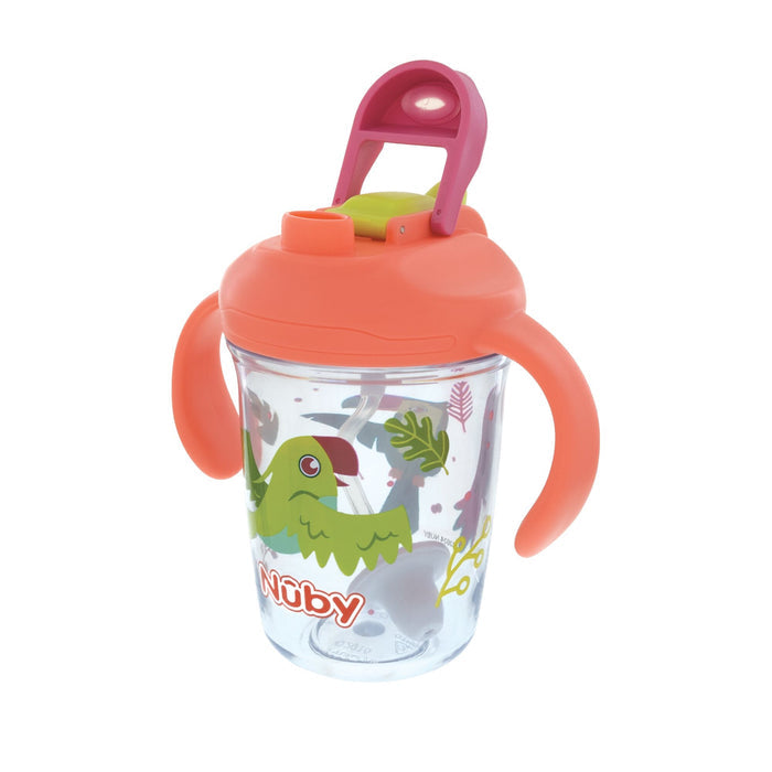 The Nuby 2-Handle Multi-Function Flip-It Cup | Tropical Birds is a clear sippy cup with orange handles and lid, a green parrot design, pink flip-top straw, and a 360° weighted straw for easy sipping from any angle.