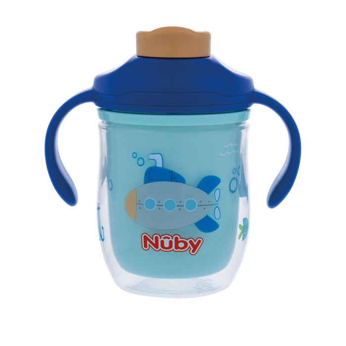 The Nuby 2-in-1 Insulated Toddler Cup | Submarine features blue and clear colors, two handles, a brown lid, and a submarine illustration on the front.