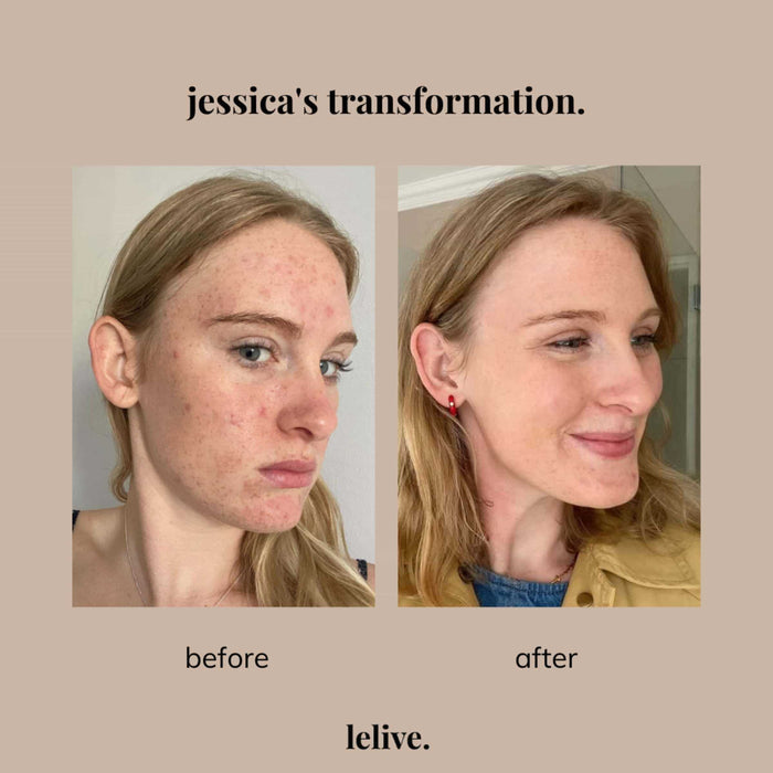 A collection of three skincare products from lelive. a jelly cleanser, brightening serum and peptide moisturiser including a tube key roller.