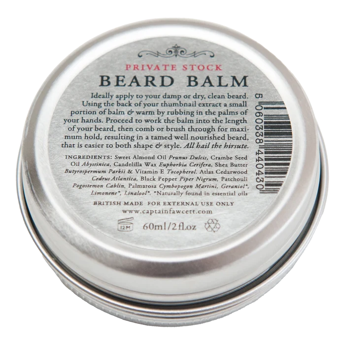Baksiden av Captain Fawcett Private Stock skjeggpomade med ingrediensliste og bruksanvisning