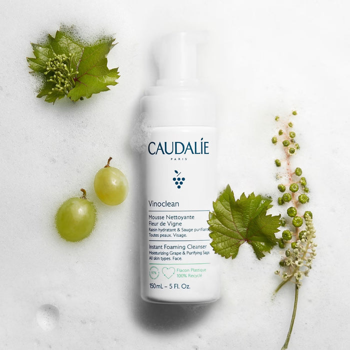 Caudalie Vinoclean Instant Foaming Cleanser Duo for skincare, showing two bottles with white foam and clear packaging.