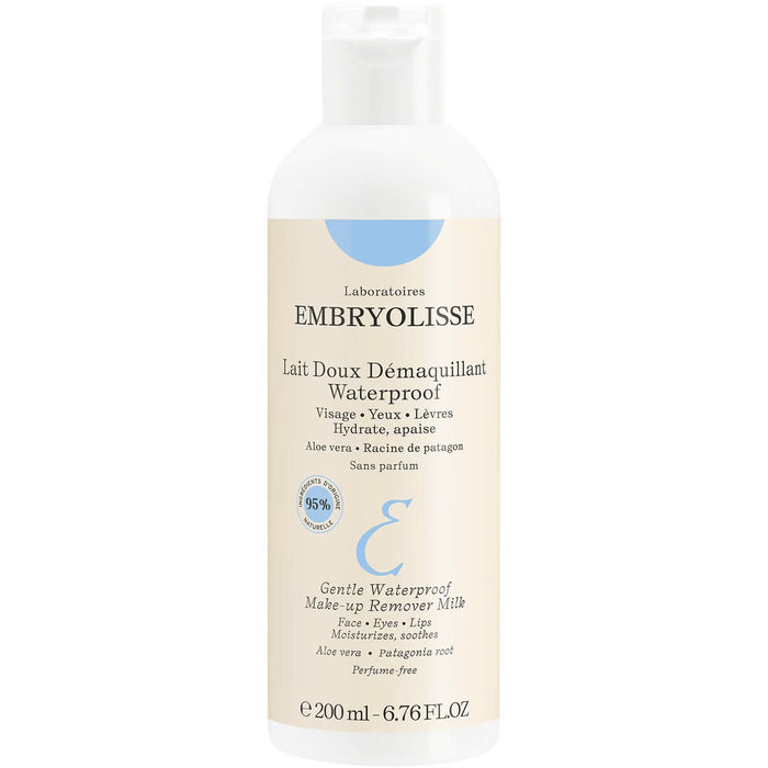 Embryolisse Gentle Waterproof Make-up Remover Milk 200ml bottle with a soft pump dispenser and white packaging.