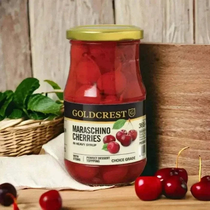 Goldcrest Maraschino Cherries 365g jar with soaked cherries for desserts and drinks