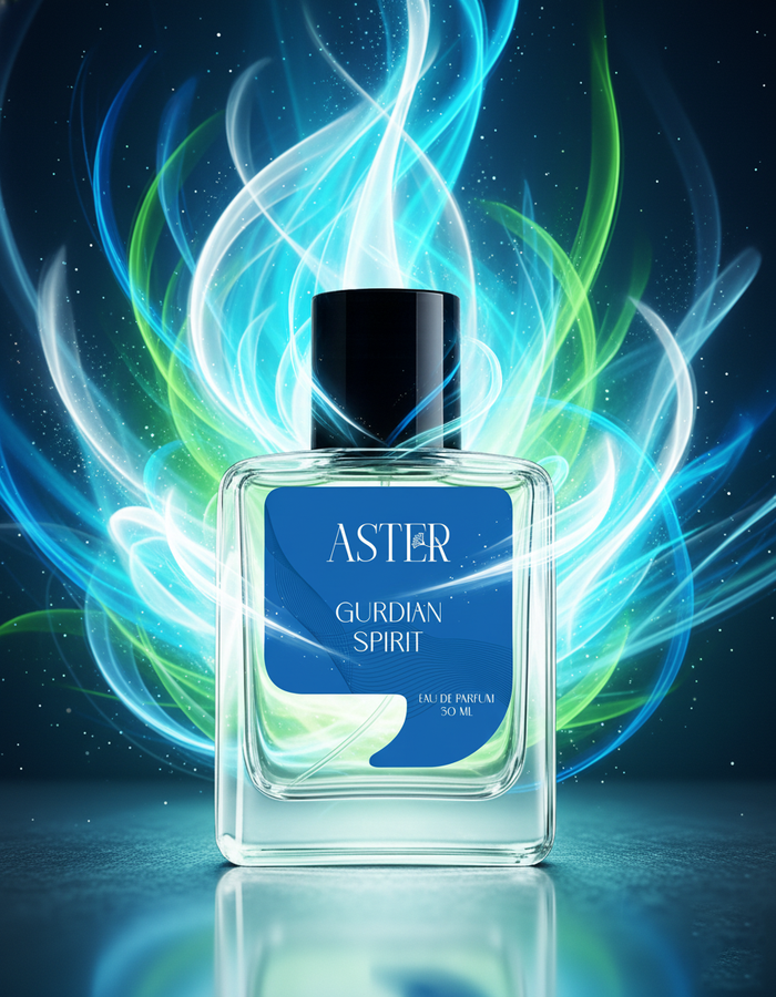 Perfume bottle labeled 'Astier' with mystical blue and green energy effects on a dark background