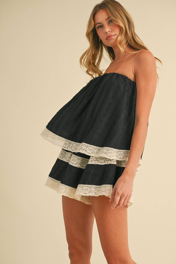 IR2218 TEXTURED LAYERED TUBE ROMPER WITH LACE TRIM