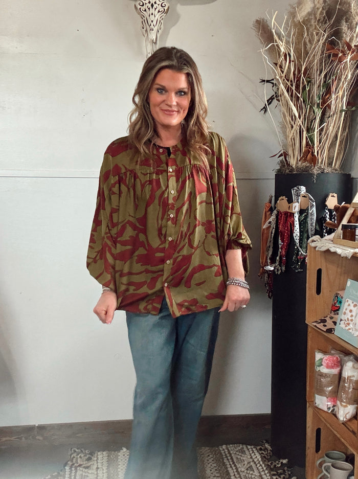 Olive + Burgundy Boho Top