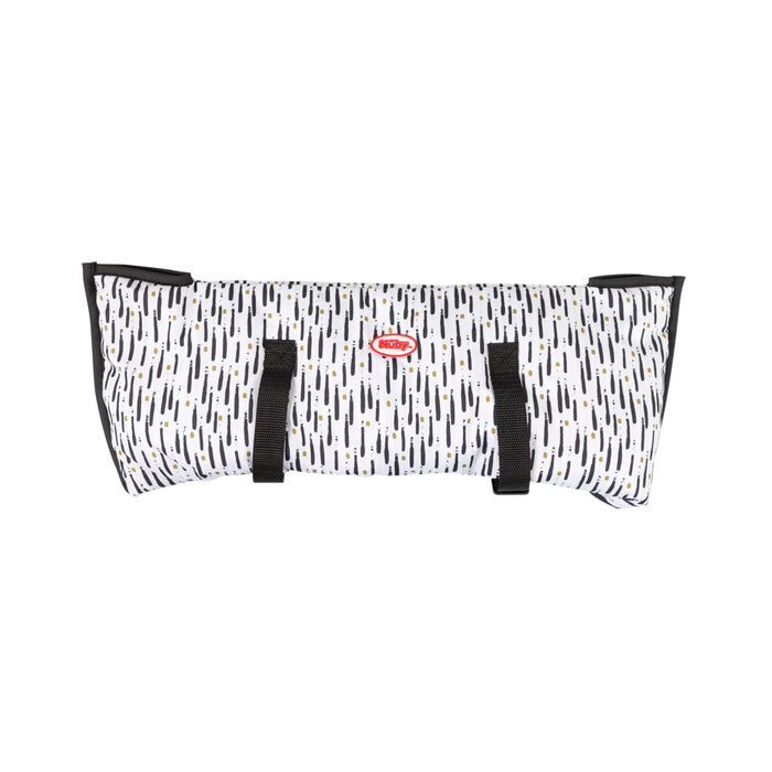 A rectangular, white cushion featuring a black abstract line pattern, black side handles, a centered red logo label, and design elements inspired by the Portable Toddler Travel Chair.