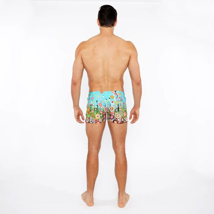 Sky/Multi Circle Burts Printed Swim Short W/Mesh Brief Lining St-8024-01