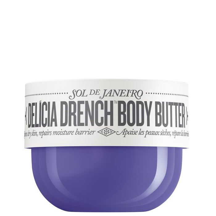 Sol de Janeiro Delicia Drench Body Butter jar with white lid and creamy texture, part of Sol de Janeiro skincare line.
