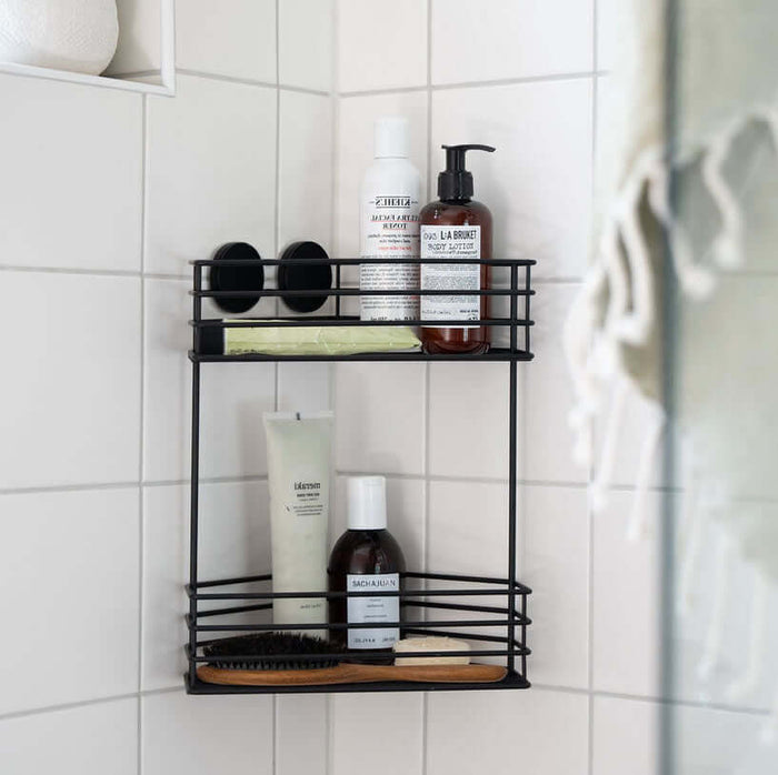 Stainless Steel Self-Adhesive Corner Shower Basket, Polshed Chrome or Matte Black - by Beslagsbode