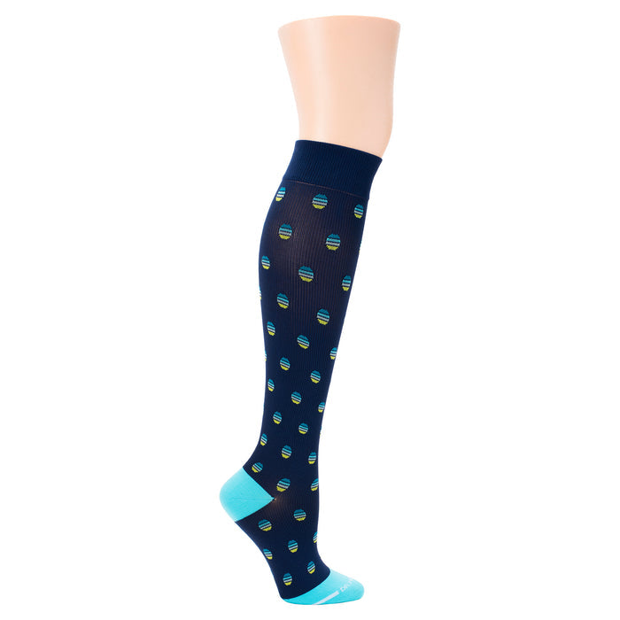 Navy compression socks with a dotted pattern in blue and green, featuring a light blue cuff and toe.