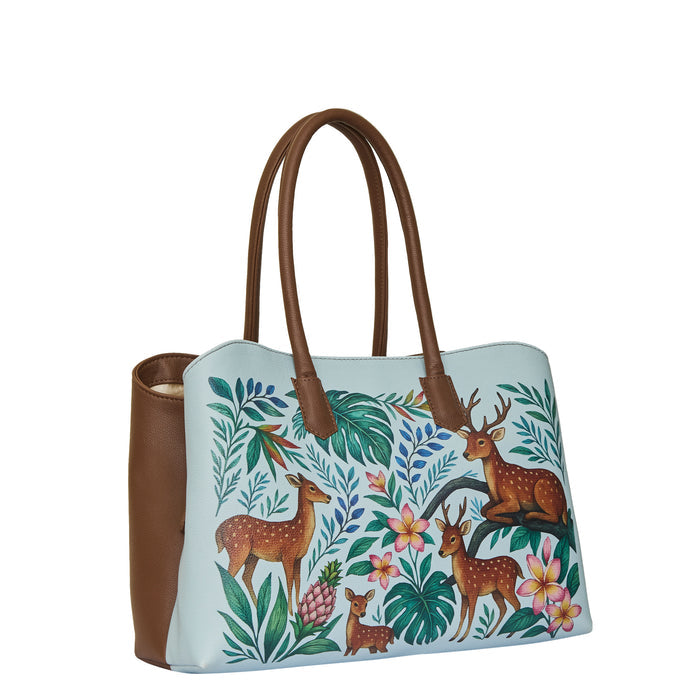 Women's handpainted deer shoulder tote bag for work, travel, and everyday use-half side view
