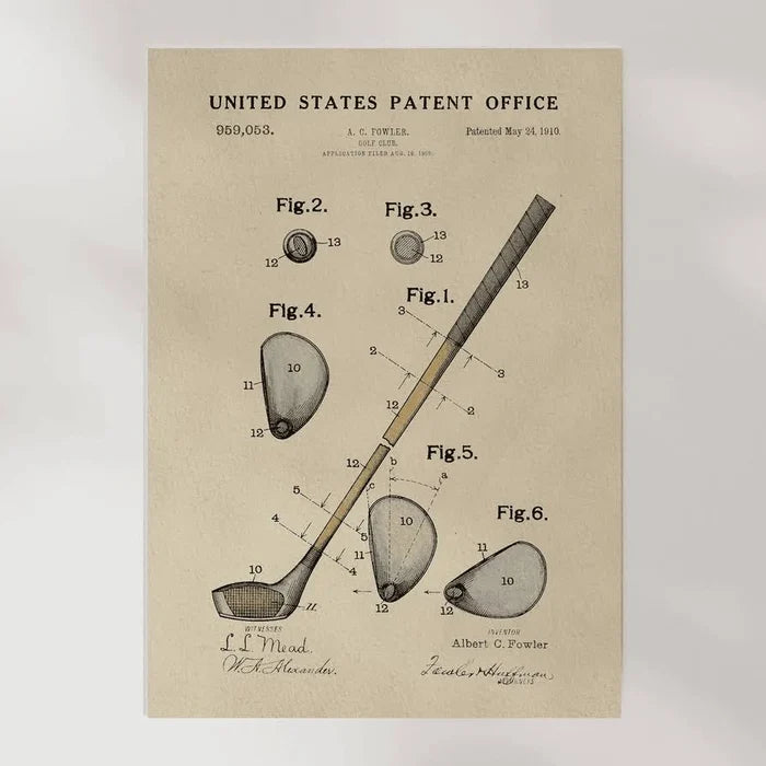 Watercolor Golf Club Patent- Silver Frame 8 by 10