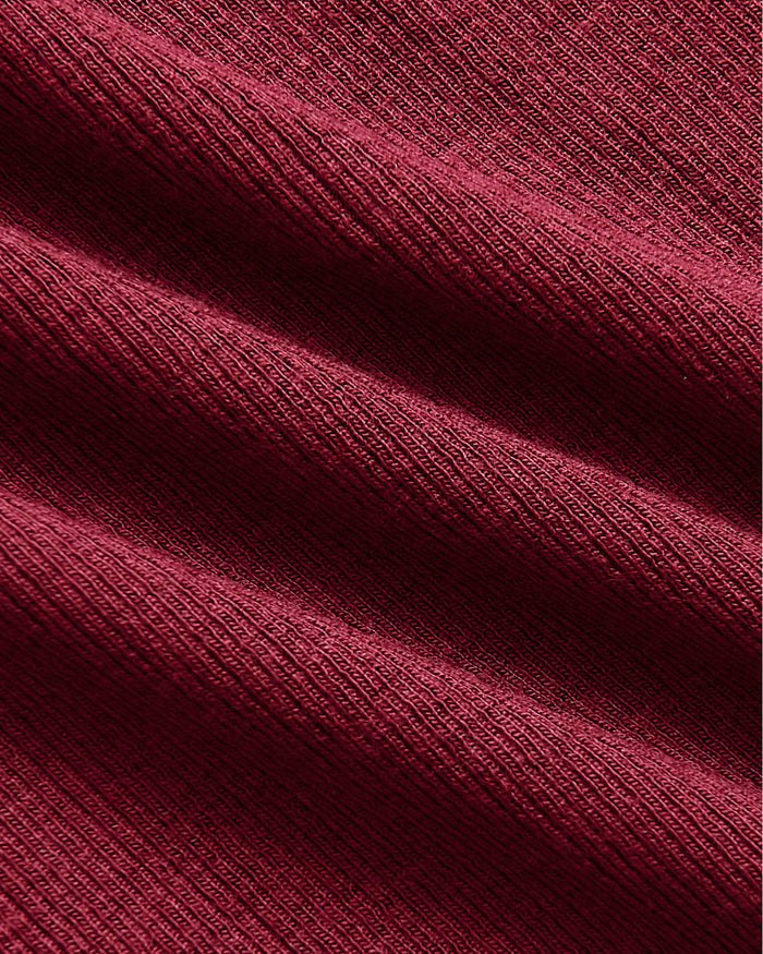 Womens Dark Maroon Ribbed U-Neck Tee, close-up of soft knit fabric.