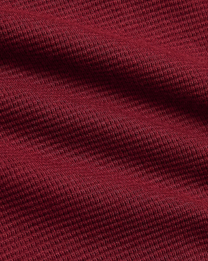 Womens Dark Maroon Waffle Long Sleeve Boxy Henley close-up texture.