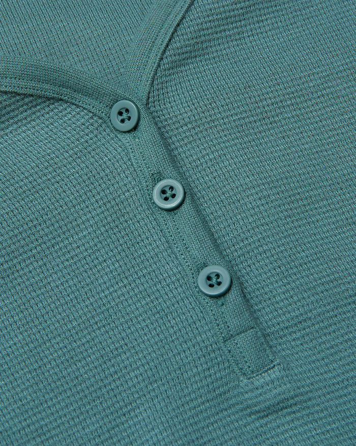 Womens Stormcloud Waffle Long Sleeve Boxy Henley, close-up of buttoned neckline.