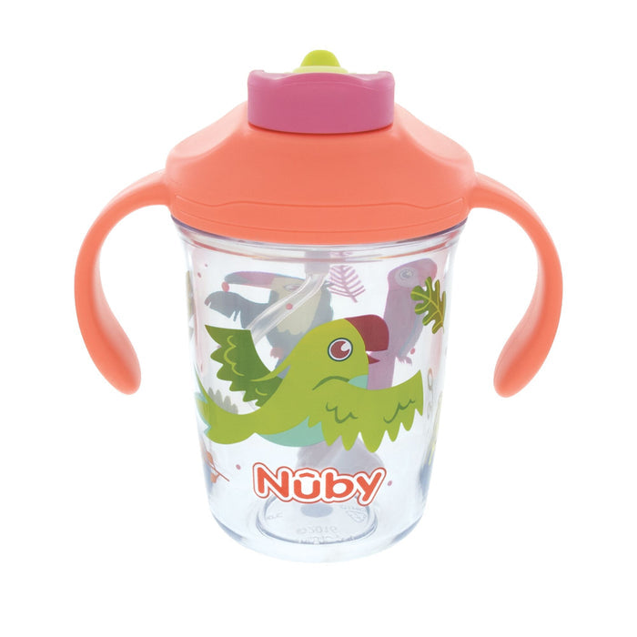 The Nuby 2-Handle Multi-Function Flip-It Cup | Tropical Birds features two orange handles, an orange and pink lid, a green hard spout, and is decorated with a green parrot and colorful jungle designs.