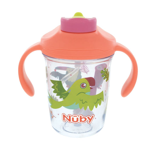 The Nuby 2-Handle Multi-Function Flip-It Cup | Tropical Birds features two orange handles, an orange and pink lid, a green hard spout, and is decorated with a green parrot and colorful jungle designs.