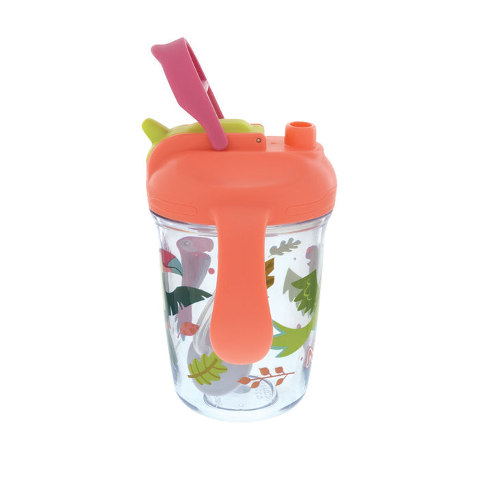 The Nuby 2-Handle Multi-Function Flip-It Cup | Tropical Birds is a clear sippy cup with an orange lid and handle, pink and green flip-up straw, 360° weighted straw, and colorful animal and leaf designs.
