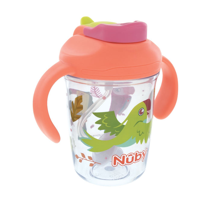 The Nuby 2-Handle Multi-Function Flip-It Cup | Tropical Birds features a clear body with orange handles and lid, a green parrot and leaves design, the Nuby brand in red, plus pink and green accents on the lid with a hard spout.