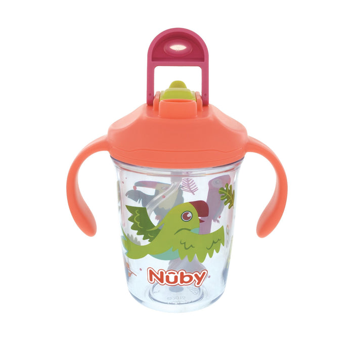 The Nuby 2-Handle Multi-Function Flip-It Cup | Tropical Birds features a clear cup with orange handles and lid, colorful bird and leaf designs, a hard spout with flip-top, green button, and a 360° weighted straw for spill-free sipping.