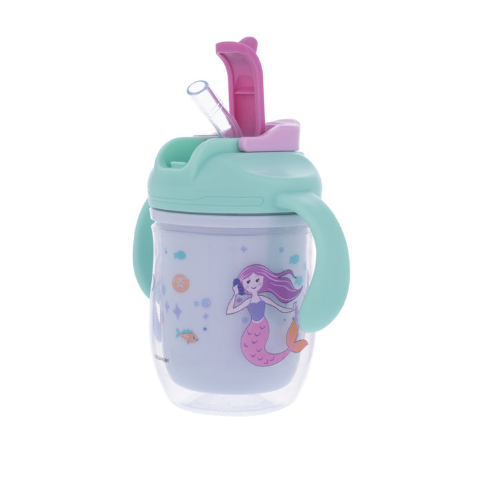 The Nuby 2-in-1 Insulated Toddler Cup | Mermaids features teal handles, a purple flip-top lid, a clear 360° weighted straw, and is decorated with a cartoon mermaid, fish, and bubbles.