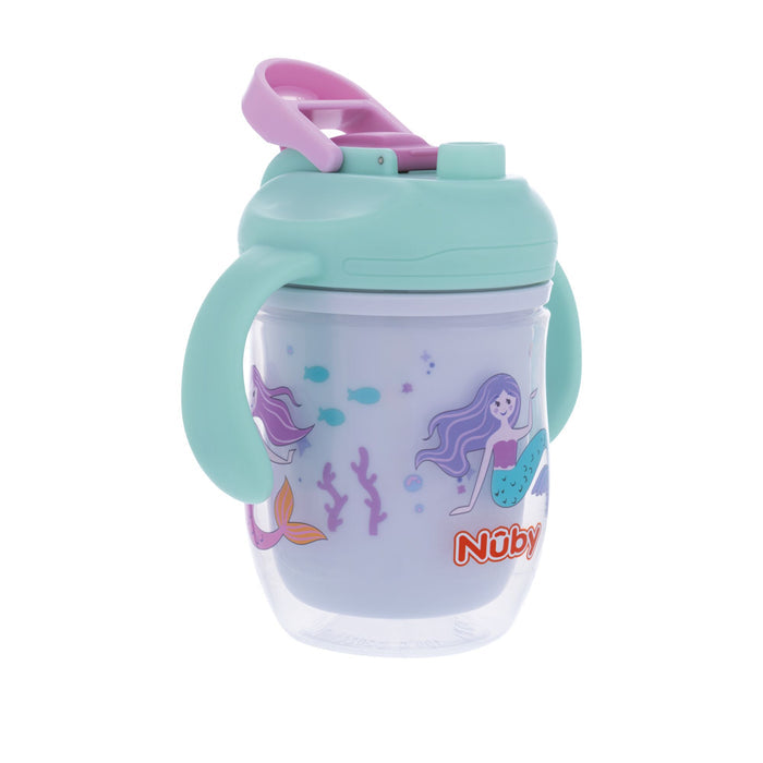The Nuby 2-in-1 Insulated Toddler Cup | Mermaids features teal handles and lid, a pink flip-top spout, mermaid and sea life designs, plus a 360° weighted straw for easy sipping from any angle.