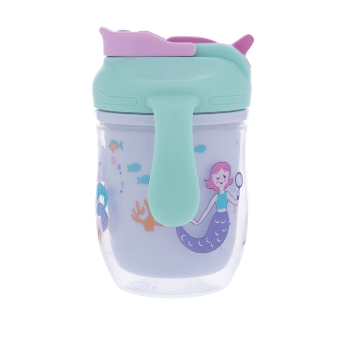 The Nuby 2-in-1 Insulated Toddler Cup | Mermaids features a clear cup with a mint green lid and handle, decorated with a purple-haired mermaid, sea animals, and plants. It includes a 360° weighted straw for easy sipping.