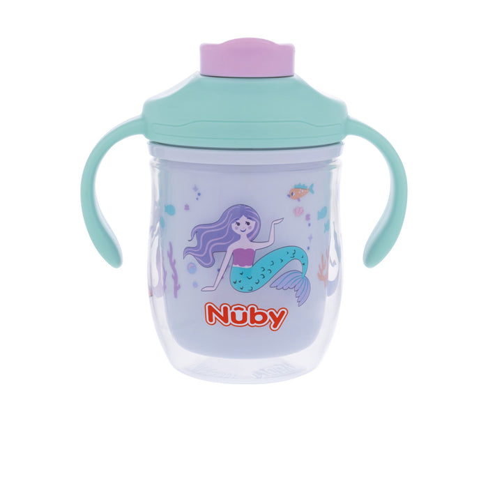 The Nuby 2-in-1 Insulated Toddler Cup | Mermaids features teal handles, a mint green and purple lid, a mermaid illustration, and a 360° weighted straw. The word Nuby appears in red below the mermaid design.