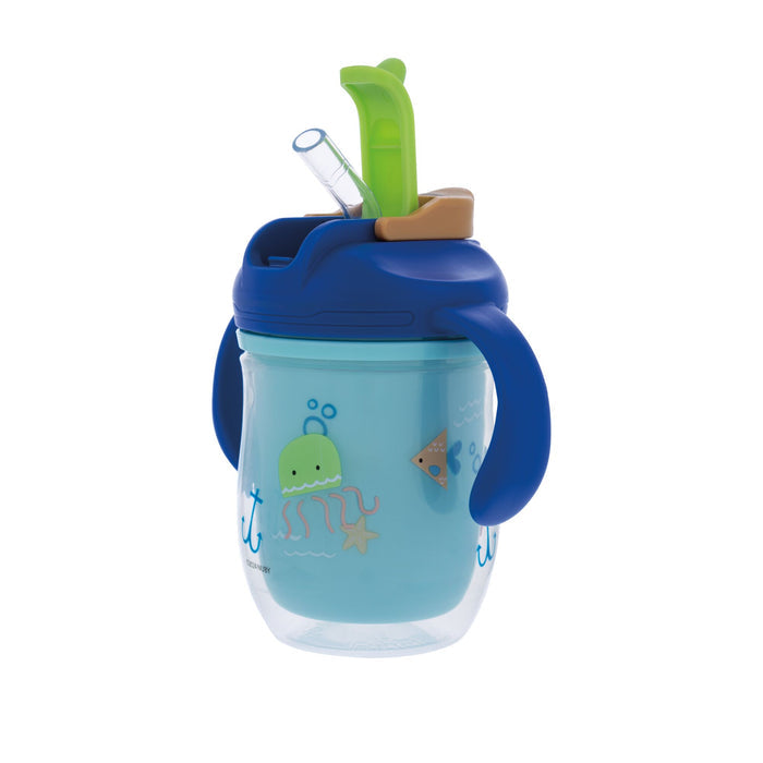 The Nuby 2-in-1 Insulated Toddler Cup | Submarine features two handles, a blue whale, fish & starfish design, a green and brown flip-top lid, and a clear 360° weighted straw for easy sipping at any angle.