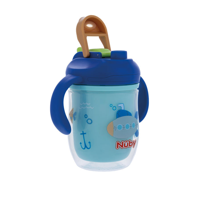The Nuby 2-in-1 Insulated Toddler Cup | Submarine is blue with two side handles, a blue lid, and a brown carry handle, featuring playful ocean-themed designs like submarines and sea creatures.