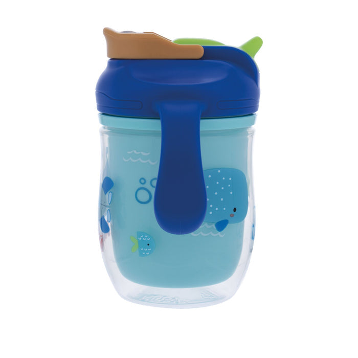 The Nuby 2-in-1 Insulated Toddler Cup | Submarine is a blue cup with whale and fish designs, a blue handle, brown and green flip-top lid, and a 360° weighted straw for easy sipping.