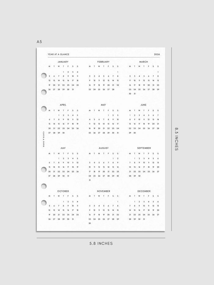 Digital mockup of insert in A5. Year at a glance shown.