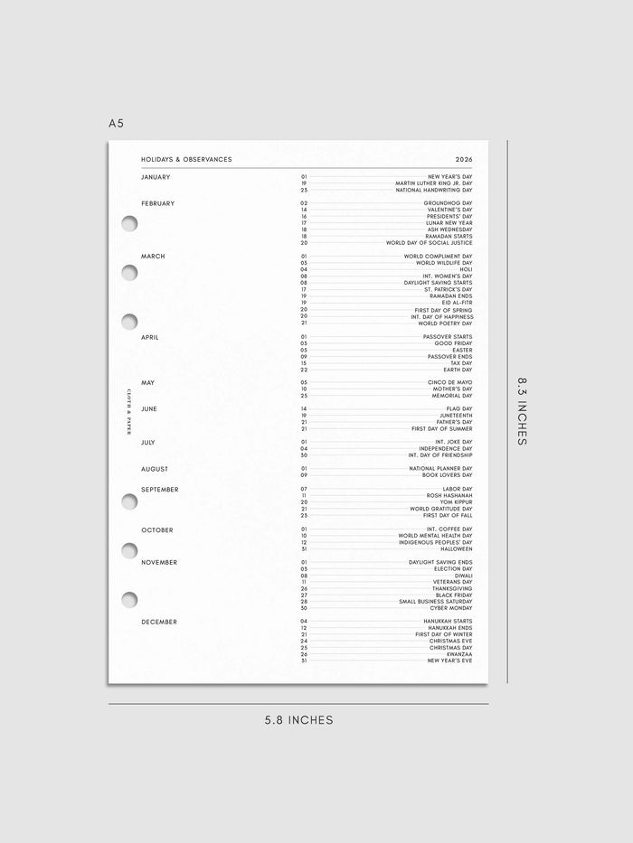 Digital mockup of insert in A5. Holidays and observances shown.