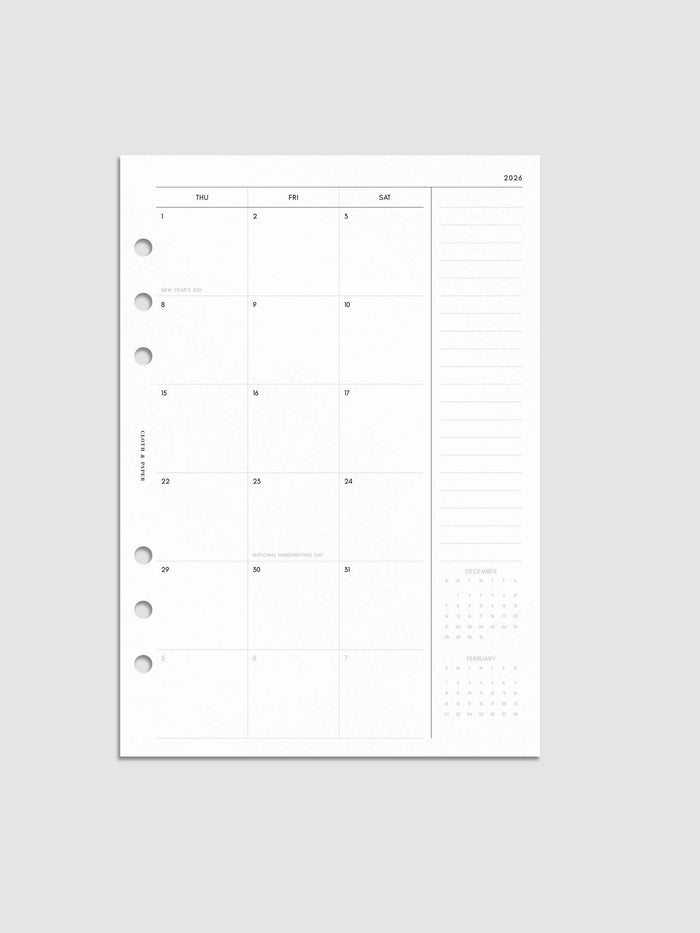 Digital mock-up of the monthly spread for the Sunday Start 2026 Dated Monthly Planner Inserts.