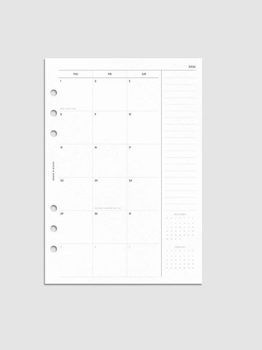 Digital mock-up of the monthly spread for the Sunday Start 2026 Dated Monthly Planner Inserts.