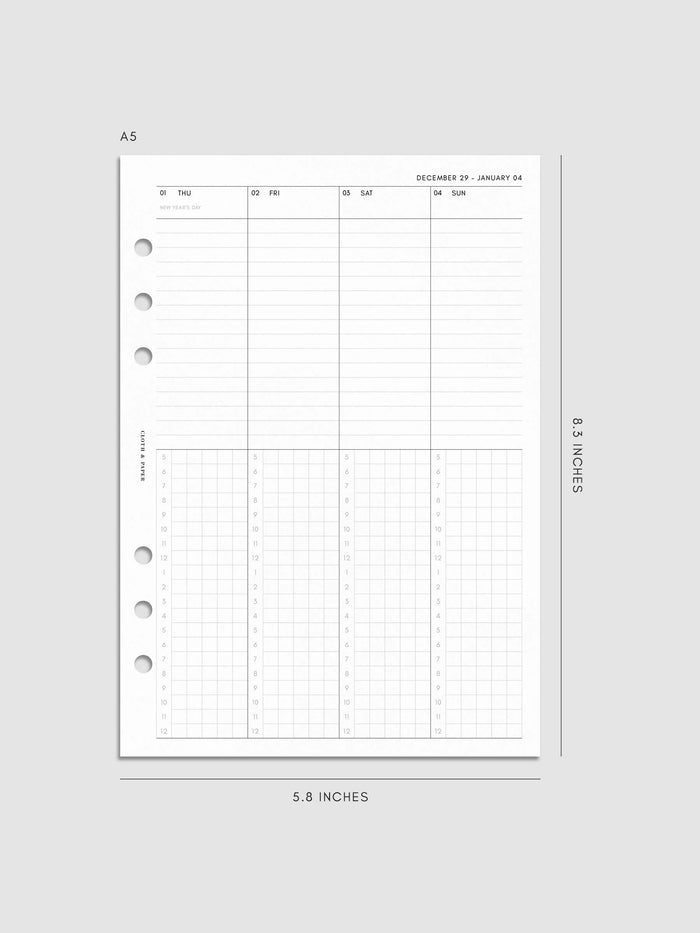 Digital mock-up of the weekly spread in A5.