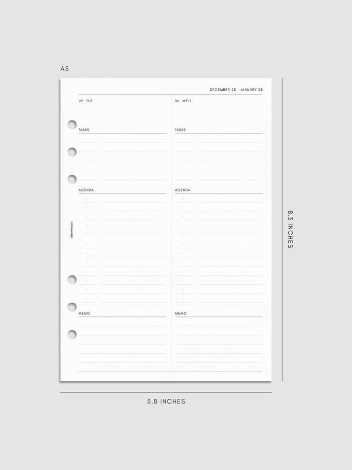 Right page layout of the 2027 Dated Daily Inserts | Monday Start in size A5 6-Ring Punch