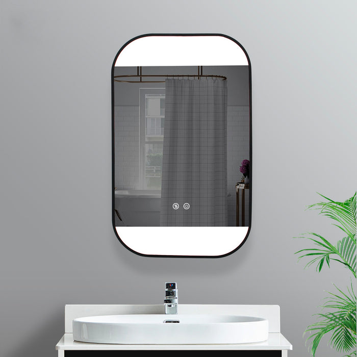 Black framed LED bathroom mirror 20x32 with anti-fog defogger