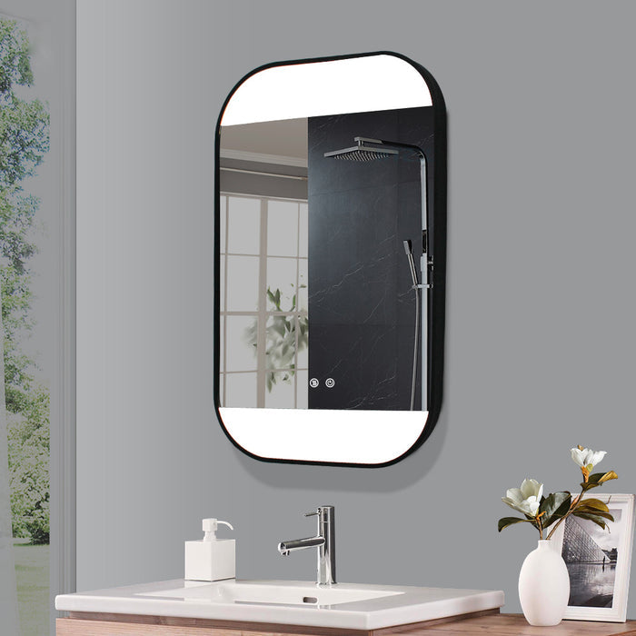 Black framed LED bathroom mirror 20x32 with anti-fog defogger