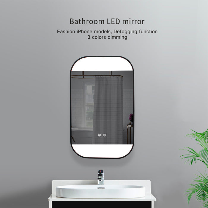 Black framed LED bathroom mirror 20x32 with anti-fog defogger