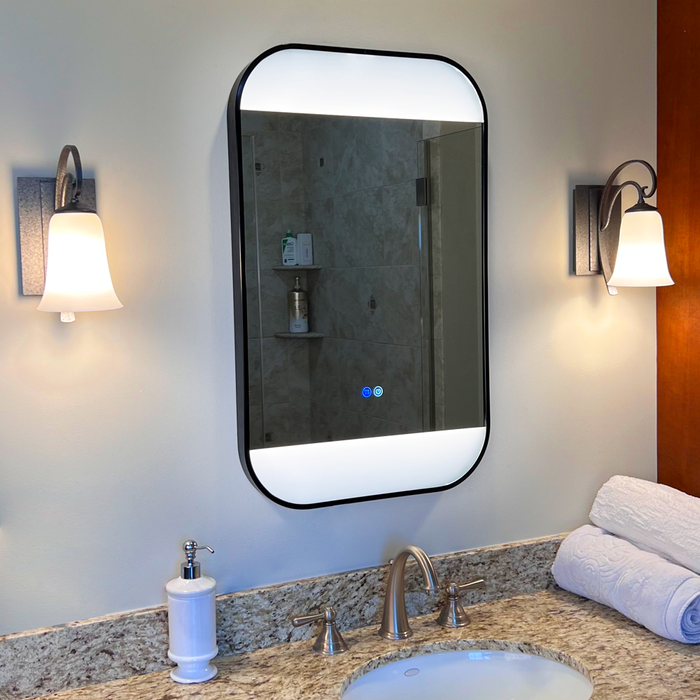 Black framed LED bathroom mirror 20x32 with anti-fog defogger