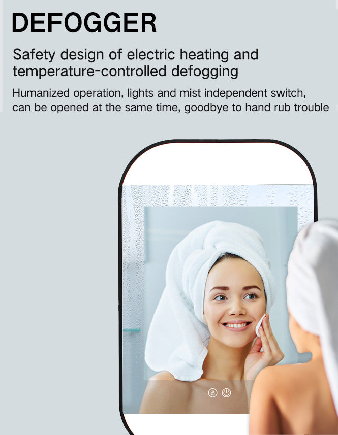 Black framed LED bathroom mirror 20x32 with anti-fog defogger