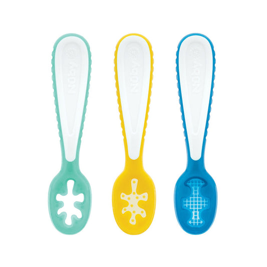 The Nuby 3-Stage Silicone Dipping Spoons come in aqua, yellow, and blue. Each spoon has a unique cut-out pattern to encourage easy self-feeding for babies.