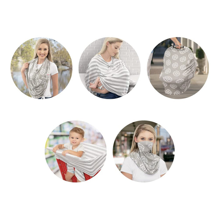 Five circular images show a woman and child using the 5-in-1 Multipurpose Nursing Cover—a gray and white patterned fabric—as a scarf, nursing cover, infant car seat cover, shopping cart cover, and face covering.