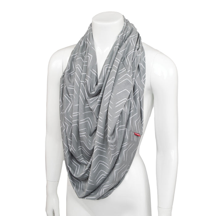 A mannequin displays the 5-in-1 Multipurpose Nursing Cover in light gray with a white zigzag pattern, draped around its neck and shoulders—ideal for use as a nursing cover or infant car seat cover.