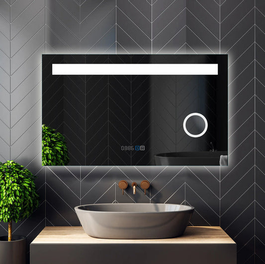 Magnifying smart LED bathroom mirror with time display and anti-fog