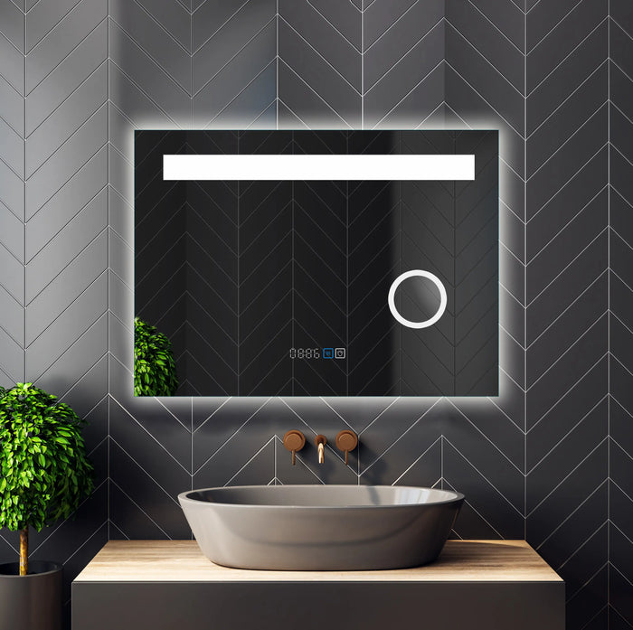 Magnifying smart LED bathroom mirror with time display and anti-fog