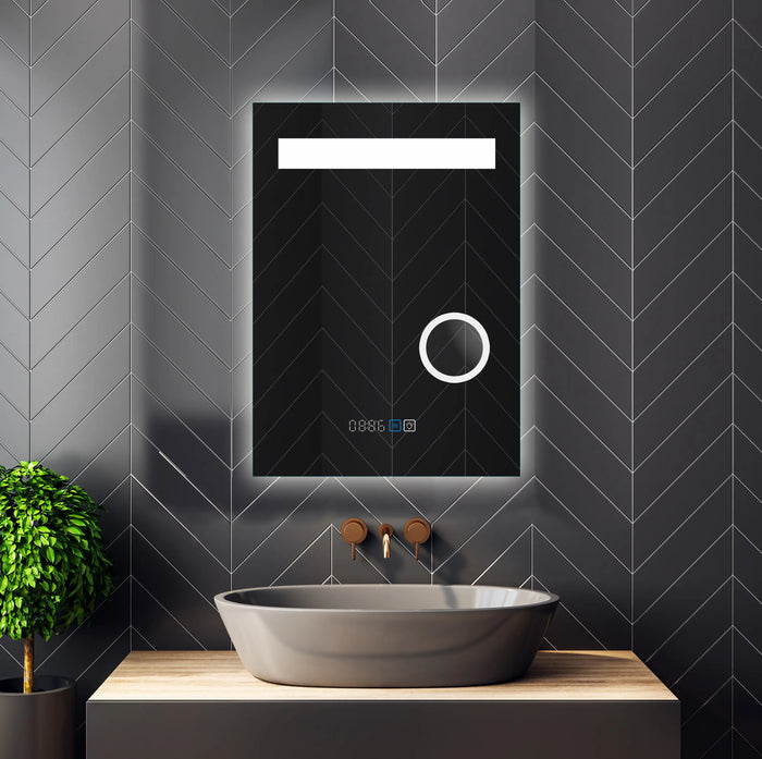 Magnifying smart LED bathroom mirror with time display and anti-fog
