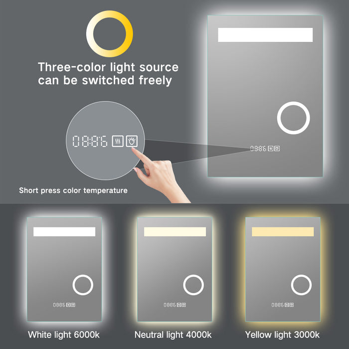 Magnifying smart LED bathroom mirror with time display and anti-fog